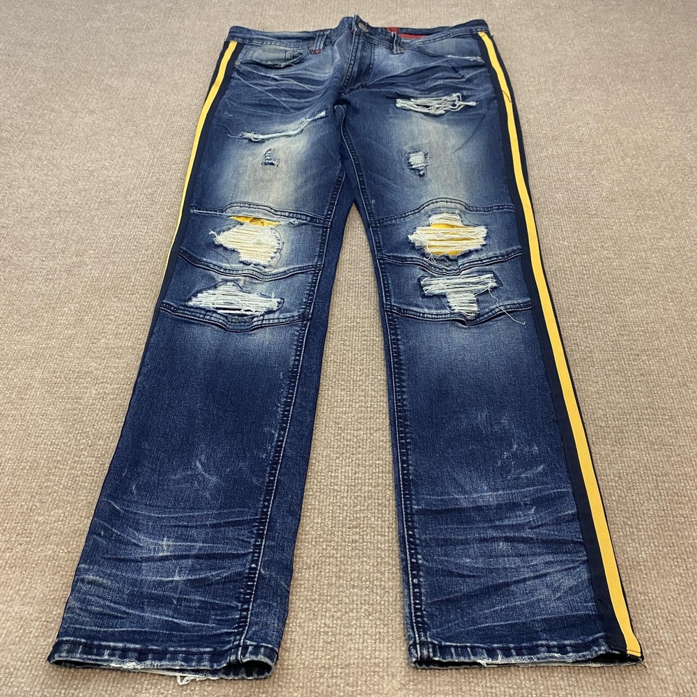 Makobi M1769 Jeans Mens 36x32 Blue Wash Distressed Yellow Stripe Denim Pants